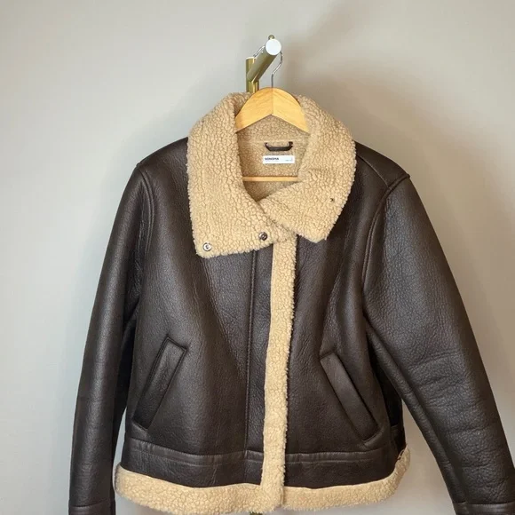 Sonoma Faux Shearling Aviator Jacket Brown Cream Sherpa L - Picture 1 of 7